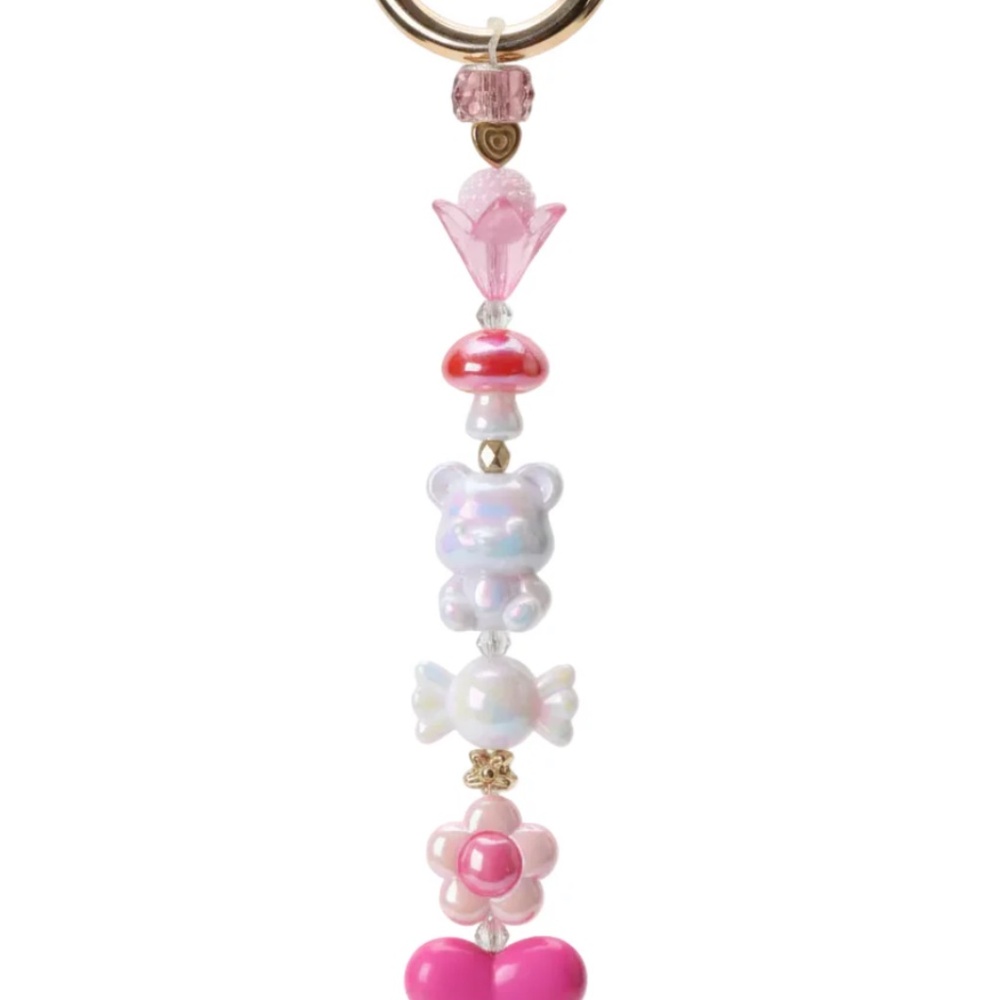 Handmade Bear Candy Heart Flower Bag Charm with Pink Beads and Heart Pendant